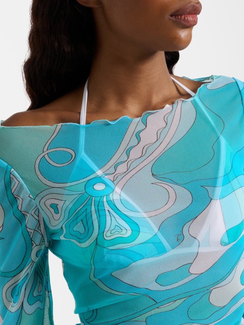 Emilio Pucci Turquoise Swirl-Print Tulle Long-Sleeve Dress - Picture 3 of 13